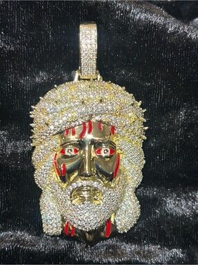 Jesus Head Pendant with Red Enamel Accents